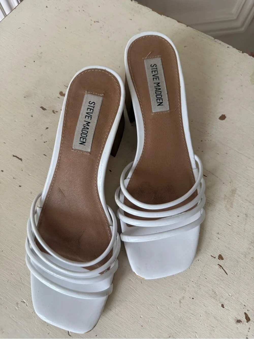 Steve Madden White Multi-Strap Square Toe Block Heel Mules - Picture 2 of 4